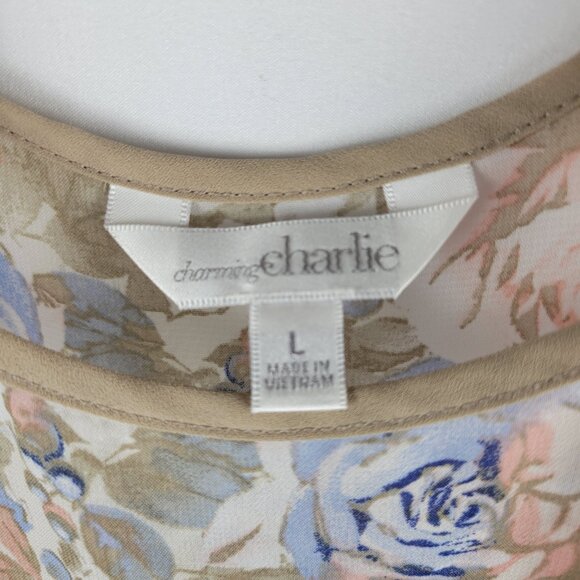 Floral Chiffon Blouse Pastel Rose Print Charming Charlie Long Sleeve Size L - Picture 10 of 14